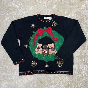 BP Design Sweater Women L Applique Teddy Bears Embroidered Granny Core